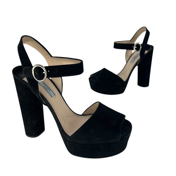 Prada Suede Platform Peep Toe Heels in Black - Picture 1 of 14